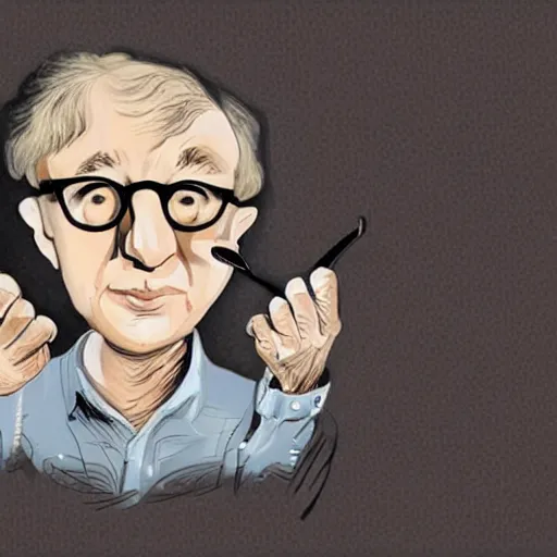 Prompt: caricature illustration of woody allen french - kissing a giant silver spoon