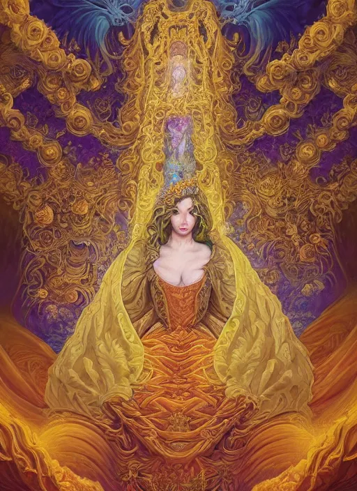 Image similar to beautiful oil painting, full length portrait of dauphinois in baroque coronation robes 1701, Dan Mumford, Dan Mumford, Alex grey, highly detailed , lsd visuals, dmt fractal patterns, hallucinogen, visionary art, psychedelic art, ornate, vaporwave, baroque, Greg rutkowski