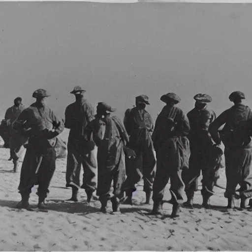 Prompt: lost soldiers on a beach, frenetic city style, black and white photo, 1920, one red moon in the sky