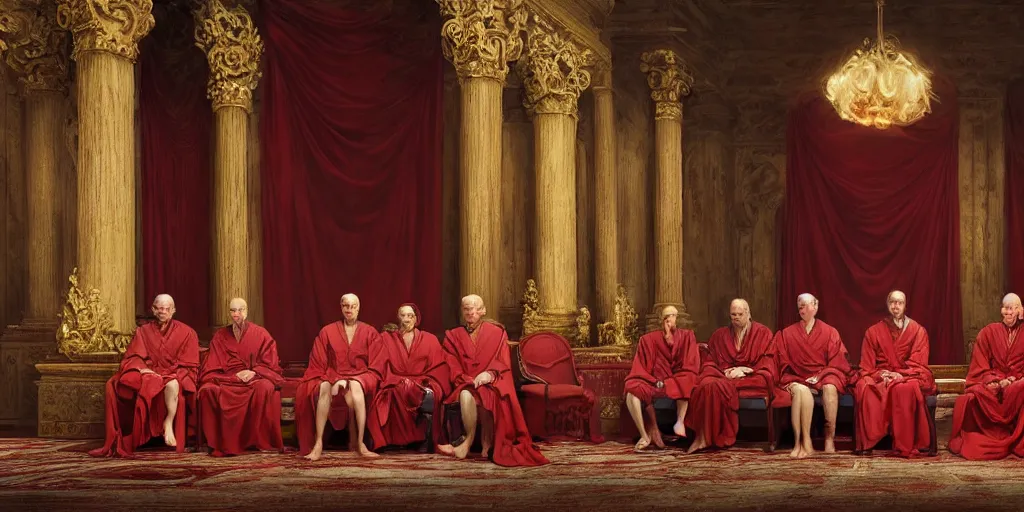 Image similar to beautiful oil matte portrait painting, ancient senators in royal crimson robes sit in tribunes, highly detailed, beautiful cinematic light deep focus, elegant, digital painting, smooth, sharp focus, golden ratio, dramatic illumination, art by aleksi briclot, rutkowski and caravaggio