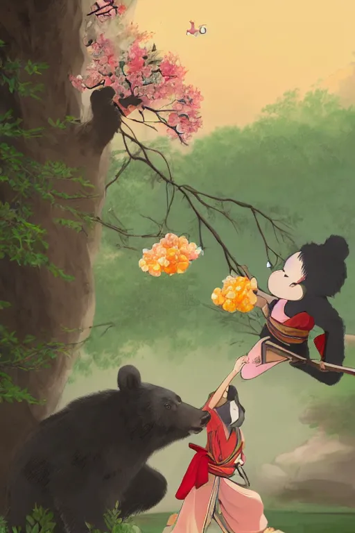 Prompt: digital painting of an anthropomorphic asian black bear samurai, lifting up a small girl wearing a kimono, to pick a golden peach from a branch above their heads. peach is just out of reach, hanging near the top of the page. fantasy. rays of sunlight from above. artstation. deviantart. in the style studio ghibli and top ten fantasy artists