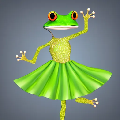 Prompt: fashion show with a ugly smiling green tree frog dressed in a green skirt, photo realistic, matte image