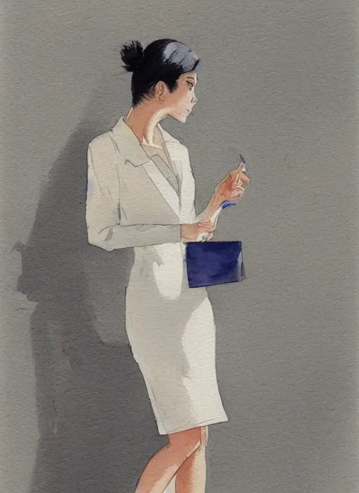 Image similar to concept art of a modern office life, young attractive business woman, pencil miniskirt, pinterest, artstation trending, behance, watercolor, by coby whitmore, silver, laser light,