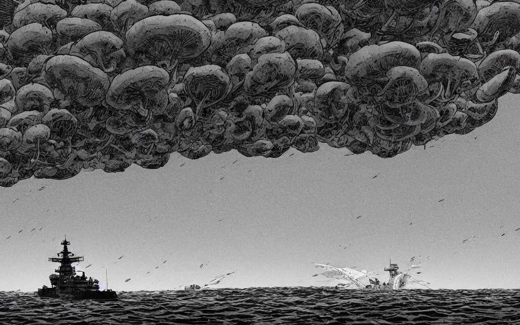 Image similar to japanese battleship yamato in front of huge mushroom cloud, in the style of james jean and laurie greasley, dynamic composition, dramatic lighting, ultra detailed