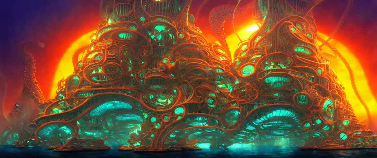 Image similar to hyperrealistic ornate underwater borg city of atlantis on giant orange and yellow cyborg tentacles matte painting concept art alex grey hajime sorayama cinematic soft red lighting low angle hd 8k sharp shallow depth of field