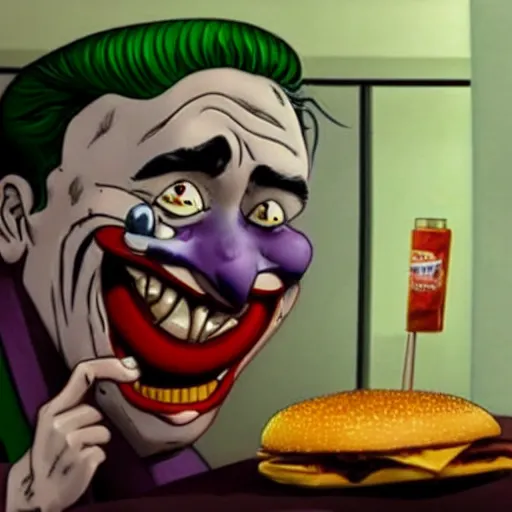 Prompt: the joker eating a crazy hamburger for the first time in his life