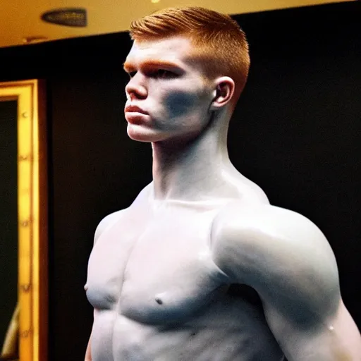 Image similar to “a realistic detailed photo of a guy who is an attractive humanoid who is half robot and half humanoid, who is a male android, boxer Canelo Álvarez, shiny skin, posing like a statue, blank stare”