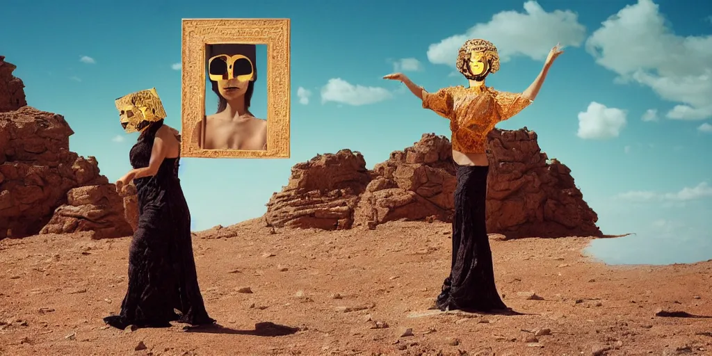 Prompt: levitating woman with full - face golden mask in a dry rocky fractal desert landscape, visible sky and sunny atmosphere, fata morgana and giant square infinite mirrors by alejandro jodorowsky, anamorphic lens, kodakchrome, practical effects, masterpiece, 8 k