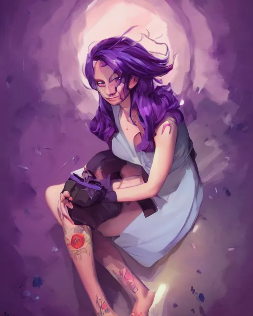 Image similar to beautiful female purple hair tattoo symmetrical face eyes happy full length fantasy art icon, 2d art cover , official fanart behance hd artstation by Jesper Ejsing, by RHADS, Makoto Shinkai and Lois van baarle, ilya kuvshinov, rossdraws