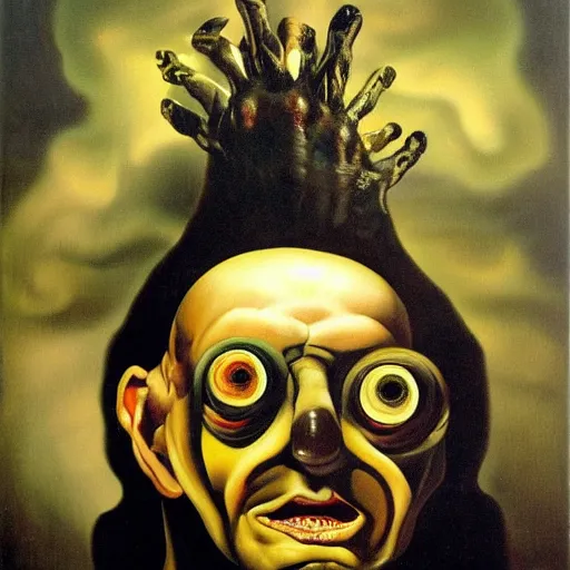 Image similar to Oil painting with black background by Christian Rex Van Minnen Robert Williams Salvador Dali of a portrait of an extremely bizarre disturbing mutated man with intense chiaroscuro lighting perfect composition