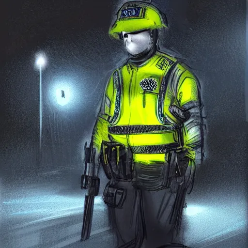 Prompt: A British police officer wearing hivis at night, highly detailed, ambient lighting, trending on art station