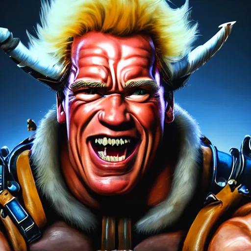 Image similar to a screenshot of arnold schwarzenegger as junkrat in overwatch, portrait, fantasy, beautiful face, vivid colors, elegant, concept art, sharp focus, digital art, hyper - realistic, 4 k, unreal engine, highly detailed, hd, dramatic lighting by brom, trending on artstation