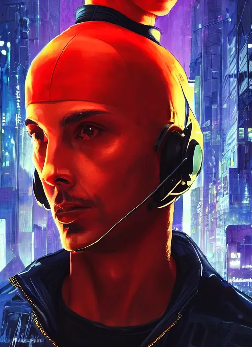 Image similar to cyberpunk character wearing jumpsuit and red jacket and cyberpunk headset. ( blade runner 2 0 4 9, dystopian, cyberpunk 2 0 7 7 character design ). attractive face. portrait by james gurney and laurie greasley, oil on canvas. cinematic, hyper realism, realistic proportions, full view, dramatic lighting, high detail 4 k