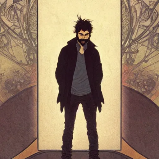 Prompt: a man with black hair and beard, wearing a black jacket, white shirt and jeans, looking around, worried, full body picture, illustration, cartoonish style, art by greg rutkowski and alphonse mucha''