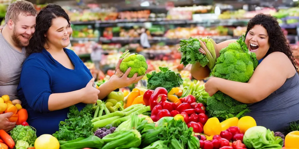 Prompt: hug fat people buying fruits and vegetables