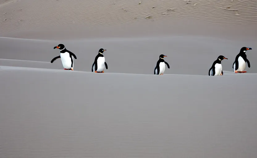 Prompt: confused penguins in sand dunes, photography