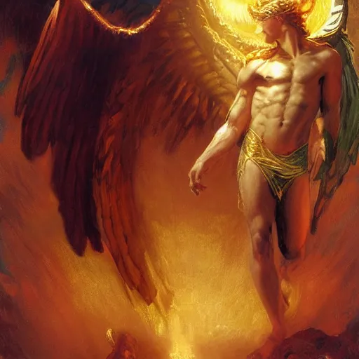 Image similar to attractive male deity casts light spell, summons attractive male lucifer morningstar. highly detailed painting by gaston bussiere, craig mullins, j. c. leyendecker 8 k