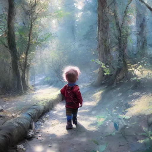 Image similar to toddler hiking in the woods, digital art by ruan jia and mandy jurgens and artgerm, highly detailed, trending on artstation, award winning