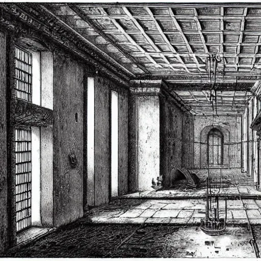 Prompt: piranesi prison interior in the style of escher