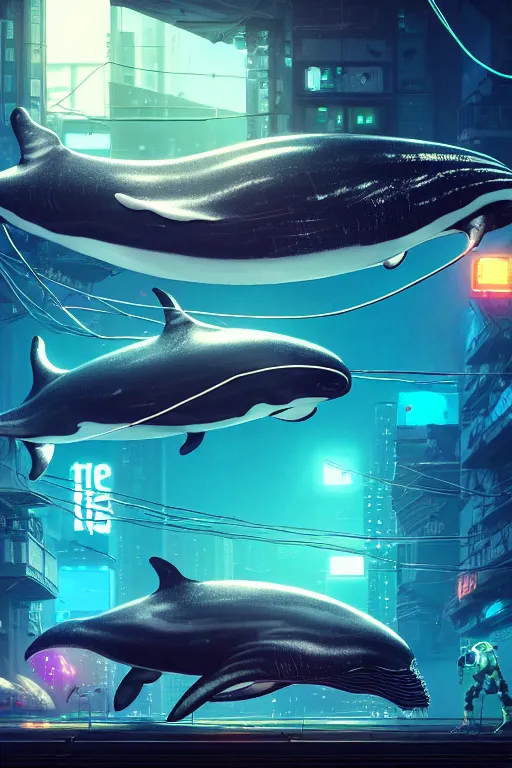 Prompt: cyborg Whale, cyborg Orca, Robot, circuit boards, vapor wave, robots whale, Cyberpunk, wires and resisters, ultra hd, Painted By Andreas Rocha, unreal 5, DAZ, hyperrealistic, octane render, dynamic lighting, intricate detail, summer vibrancy, cinematic