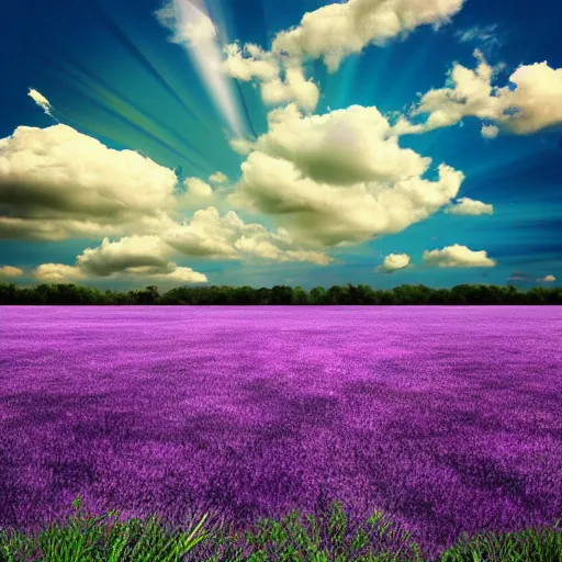 Image similar to realistic panting of a desk on a purple field blue clouds