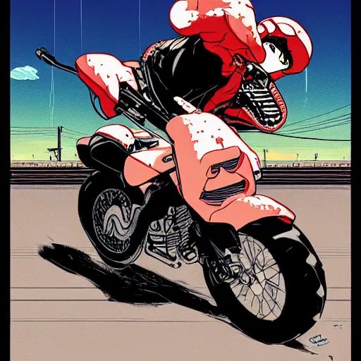 Prompt: illustration of cookie monster riding kaneda's motorcycle from akira by ilya kuvshinov katsuhiro otomo