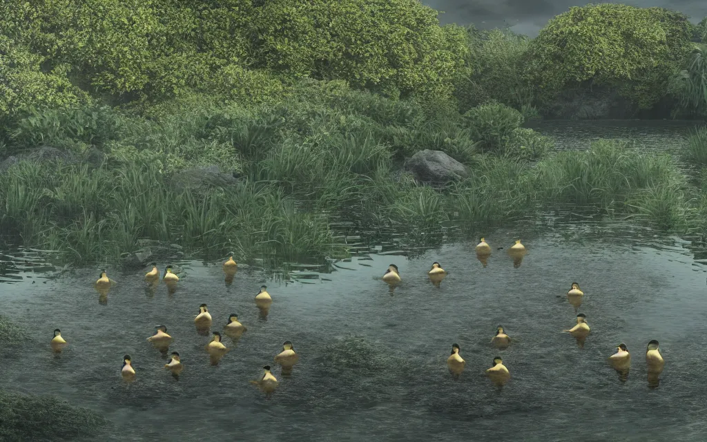 Prompt: one large duck swimming and many small ducklings in a row, 1 black duckling, in a pond, around trees, plants and rocks, bright sky, gray clouds, rays of light, dramatic atmosphere, reflections, highly detailed, cinematic lighting, perfect composition, 4 k, gustave dore, derek zabrocki, greg rutkowski, belsinski, octane render