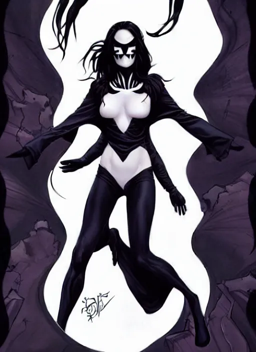 Prompt: Rafeal Albuquerque comic art, Joshua Middleton comic art, pretty female completely white skin, black paint swirl under left eye, Phoebe Tonkin as Death superhero Sandman SC comics, fun smile, full body goth outfit, long wavy black hair:: sunny weather::