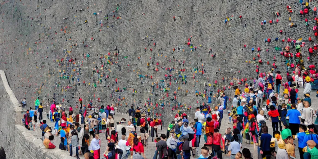 Prompt: people walking over the great lego wall of china