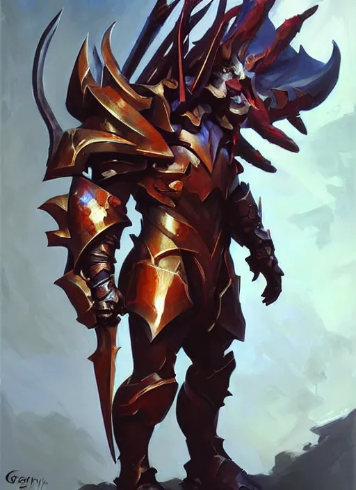 Image similar to Greg Manchess portrait painting of a demonic, devil armored character from league of legends, full shot, asymmetrical, splashscreen, Organic Painting, sunny day, Matte Painting, bold shapes, hard edges, cybernetic, street art, trending on artstation, by Huang Guangjian and Gil Elvgren and Sachin Teng