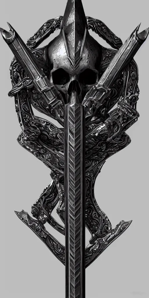 Image similar to a black and silver sword skull crest, ornament, weapon, a 3 d render by dom qwek, front side, concept art, trending on polycount, artstation, hard surface modeling, rendered in maya, zbrush, hd, vray, blizzard, symmetry