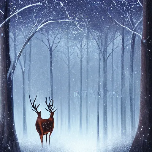 Image similar to a painting of a deer in a snowy forest, a digital painting by petros afshar, featured on deviantart, fantasy art, nightscape, digital illustration, official art