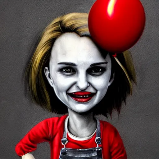 Image similar to surrealism grunge cartoon portrait sketch of natalie portman with a wide smile and a red balloon by - michael karcz, loony toons style, chucky style, horror theme, detailed, elegant, intricate