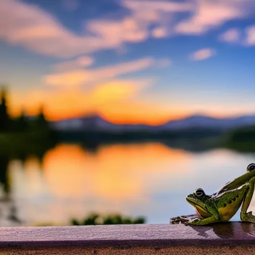 Prompt: frog sitting on a bench next to a lake in the mountains watching a beautiful sunset, photorealistic