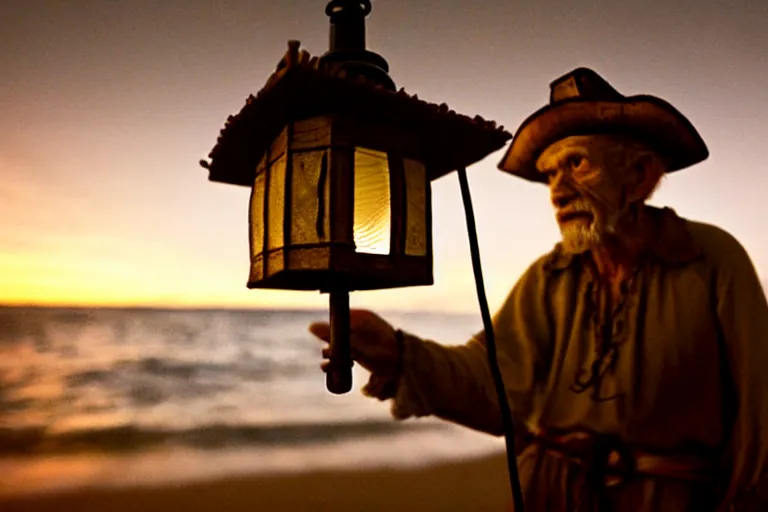 Image similar to film still of closeup old man holding up lantern by his beach hut at night. pirate ship in the ocean by emmanuel lubezki