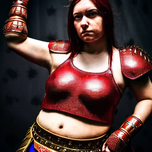 Image similar to photo of a real-life beautiful female warrior with ruby encrusted armour