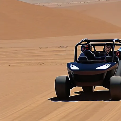 Prompt: tesla dune buggy driving on a desert road