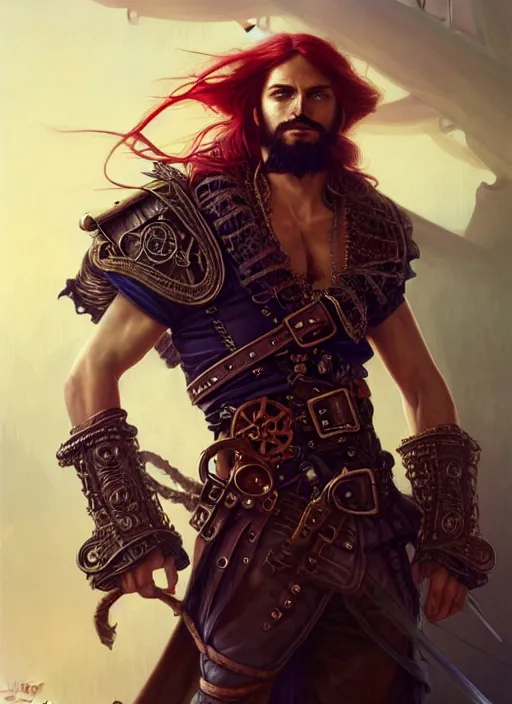 Prompt: upper body shot of male pirate, D&D, handsome, fantasy, intricate, long hair, steampunk airship in backdrop, steampunk, red hair, elegant, highly detailed, digital painting, artstation, concept art, smooth, sharp focus, illustration, art by artgerm and greg rutkowski and alphonse mucha