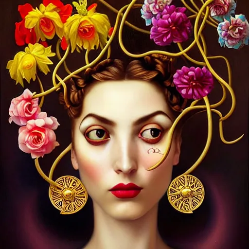 Image similar to dynamic composition, a painting of woman with hair of ( summer flowers )!! and vines wearing ornate earrings, ornate gilded details, a surrealist painting by tom bagshaw and jacek yerga and tamara de lempicka and jesse king, featured on cgsociety, pop surrealism, surrealist, dramatic lighting, wiccan, pre - raphaelite