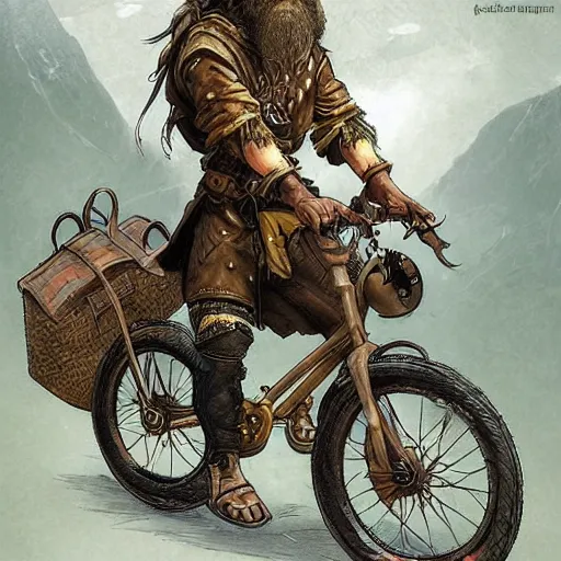 Image similar to a bearded and long haired bicycle food delivery worker with a green bag on his back in Europe, he has boots, epic fantasy style art by kim jung gi, fantasy epic digital art