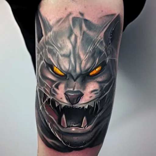 Image similar to a tatoo of rengar from league of legends,