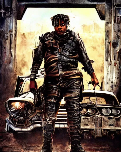 Image similar to juice wrld in dystopian raider mad max post apocalpytic, airbrush, drew struzan illustration art, key art, movie poster