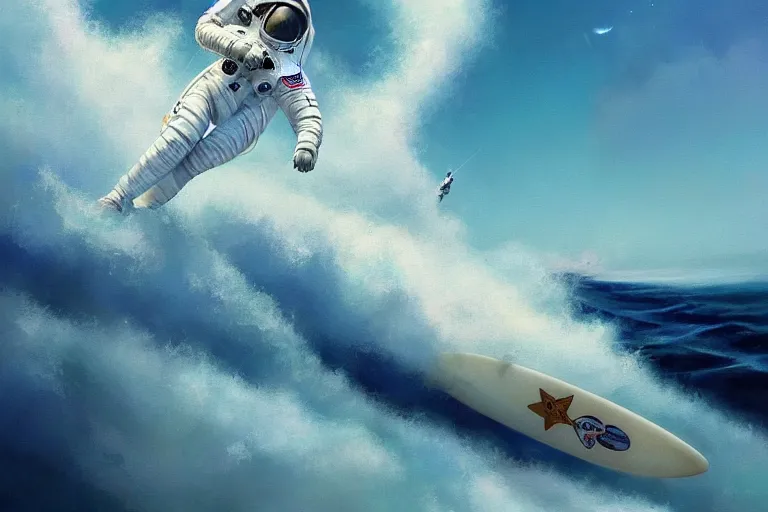 Image similar to a beautiful digital painting of an astronaut in a white space suit surfing the great wave on a surfboard by greg rutkowski, photorealistic, trending on artstation, highly detailed, intricate, unreal engine, octane render