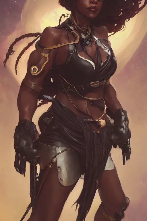 Image similar to heroic image of an african woman space pirate art by artgerm and greg rutkowski and alphonse mucha and Charlie Bowater Trending on artstation, artstationHD, artstationHQ, 4k, 8k