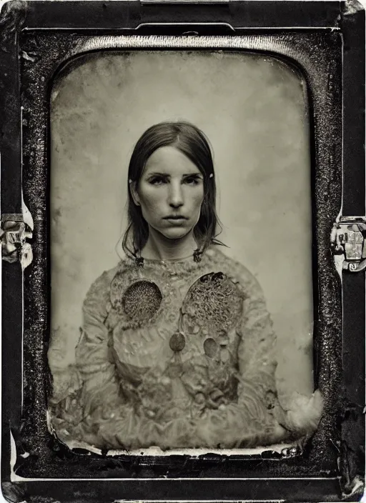 Prompt: old wetplate daguerreotype portrait, explosion of data fragments, fractal, intricate, elegant, highly detailed, parallax, leica, medium format, subsurface scattering, by marie harnett