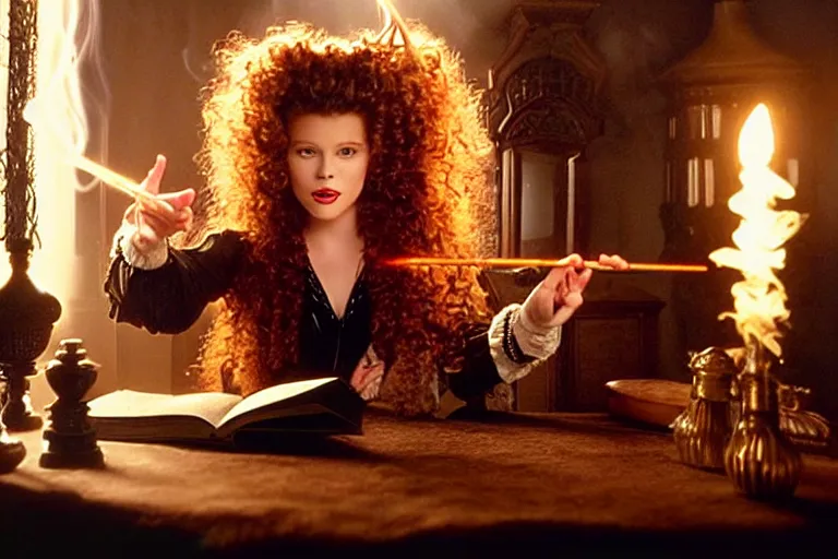 Prompt: hclose up portrait, dramatic lighting, teen witch calmly pointing a magic wand casting a spell over a large open book on a table with, curly hair, cat on the table in front of her, sage smoke, a witch hat cloak, apothecary shelves in the background, still from the movie hook