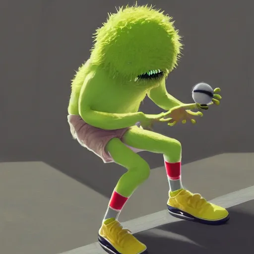 Image similar to highly detailed vfx portrait of a character of a tennis ball monster skateboarding skateboard stephen bliss, chalk, unrealengine, greg rutkowski, loish, rhads, beeple, chalk, makoto shinkai and lois van baarle, ilya kuvshinov, rossdraws, tom bagshaw, basil gogos