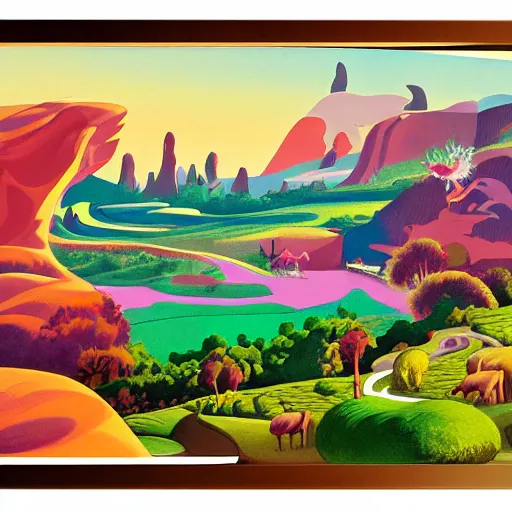 Image similar to hanna barbera, beige imposing, fine by alex ross. a illustration of a landscape. it is a stylized & colorful view of an idyllic, dreamlike world with rolling hills, peaceful animals, & a flowing river. the scene looks like it could be from another planet, or perhaps a fairy tale.