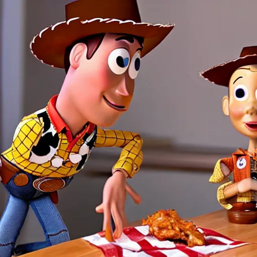 Prompt: Woody from Toy Story on Hot Ones, eating chicken wings