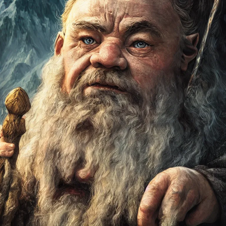 Prompt: dwarf in mountains, lord of the rings style, fantasy, poster, character portrait, portrait, close up, concept art, intricate details, highly detailed, full body, 8 k, detailed face, body